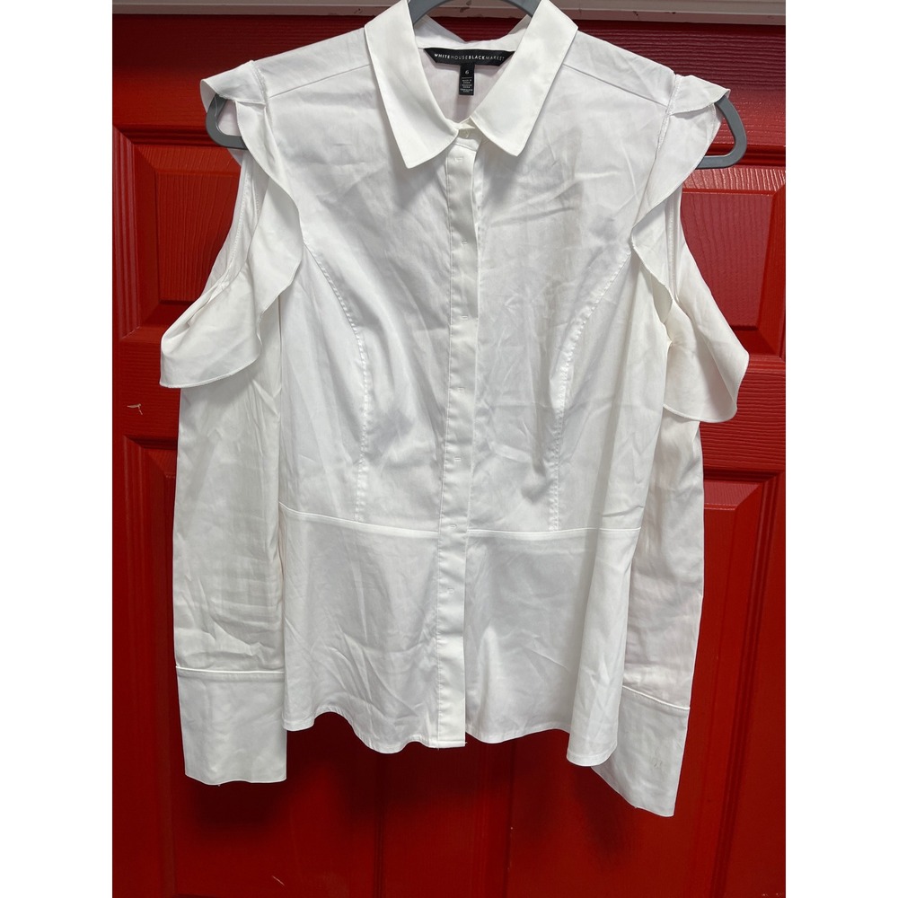 White House Black Market Cold Shoulder Ruffle Button Down Shirt White Size 6